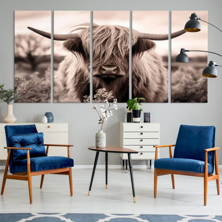 The Scottish Cow Longhorn Wall Art Canvas Print adds charm to the kitchen.