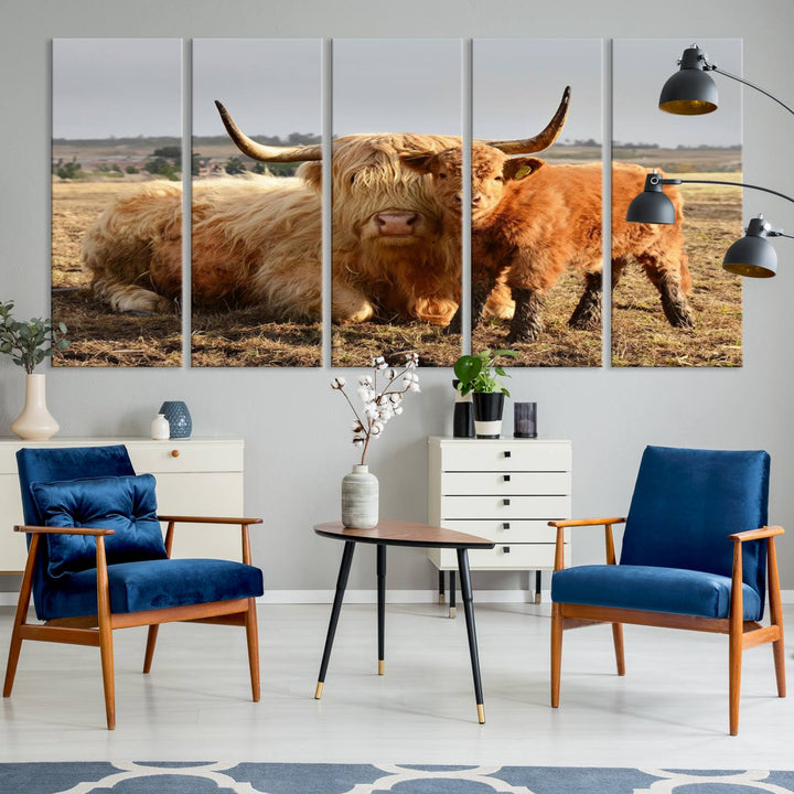 Highland Cow Canvas: a light brown cow and calf in the field, ideal farmhouse decor.