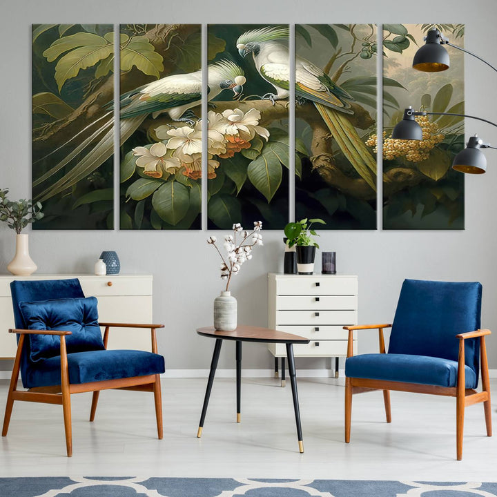 The Tropical Paradise Wall Art features a parrot in a lush forest.