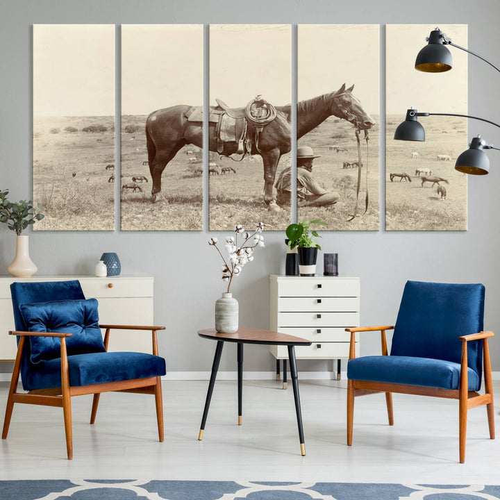 Cowboy Wall Art - Vintage Western Horse Canvas Print features a cowboy kneeling by his horse in a field.