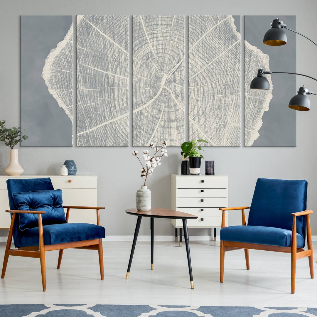 A gray wall displays the Abstract Tree Ring Wall Art print.