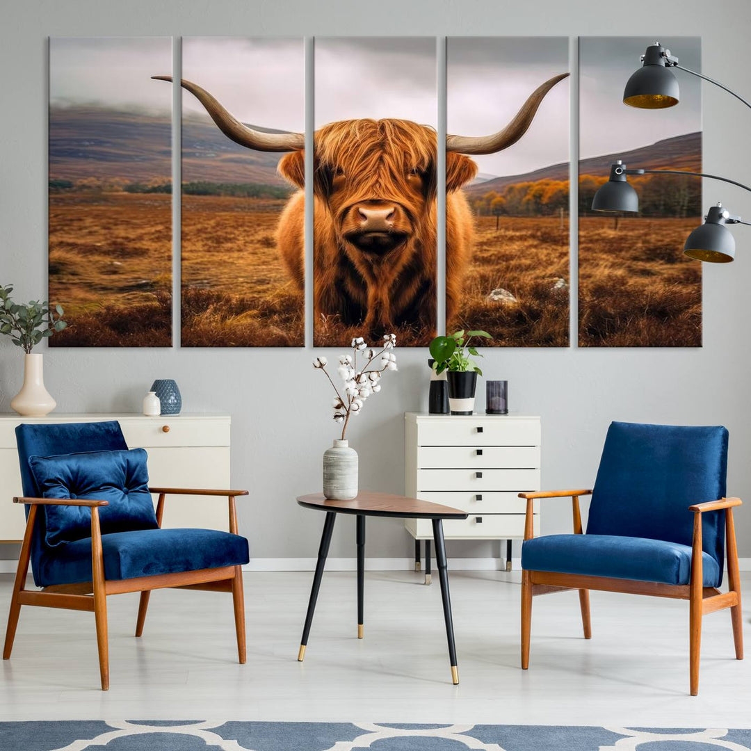 Highland Cow Longhorn Canvas Print, framed, on a wooden wall.