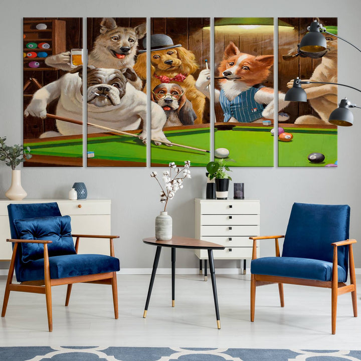 Dogs Playing Pool Canvas Wall Art: This artwork depicts a room where dogs are engaged in a game of pool. One dog is poised to cue while others observe the scene.