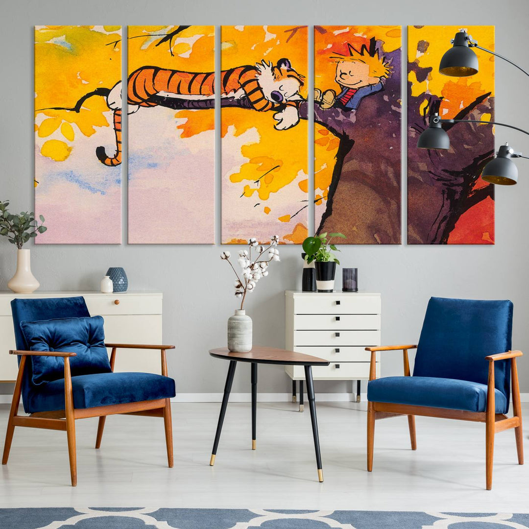 Premium canvas Calvin Wall Arts featuring a boy and tiger relaxing on a branch.