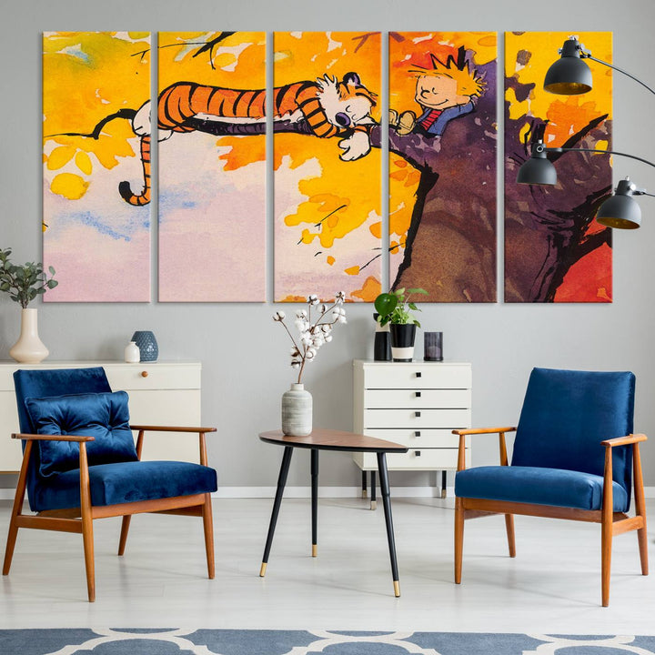 Premium canvas Calvin Wall Arts featuring a boy and tiger relaxing on a branch.