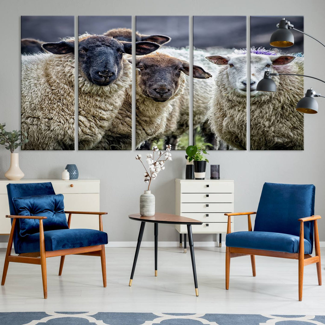 The Charming Sheep Portrait Wall Art hangs on a wooden wall.