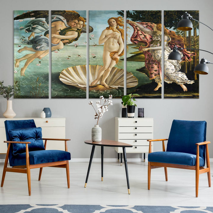 A canvas print of Botticellis The Birth of Venus is displayed on the wall.