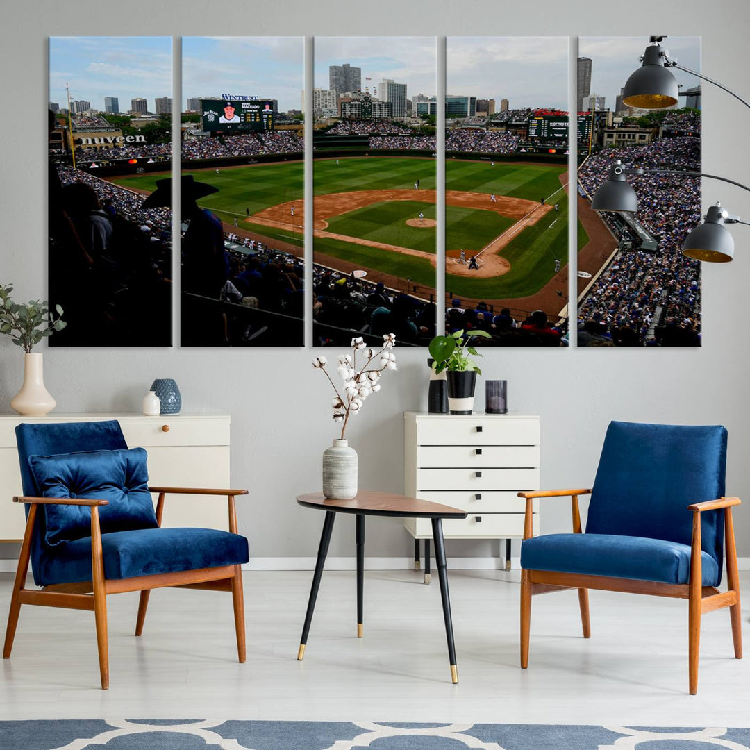 Admire this museum-quality canvas print of a Chicago Cubs game with a cityscape view from the stands at Wrigley Field.