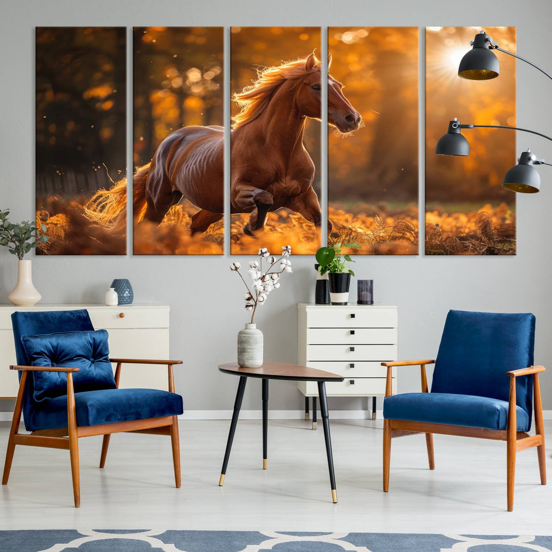 The Running Horse Sunset Forest Wall Art Canvas Print showcases a gallop in an autumn forest with sunlight streaming through the trees.