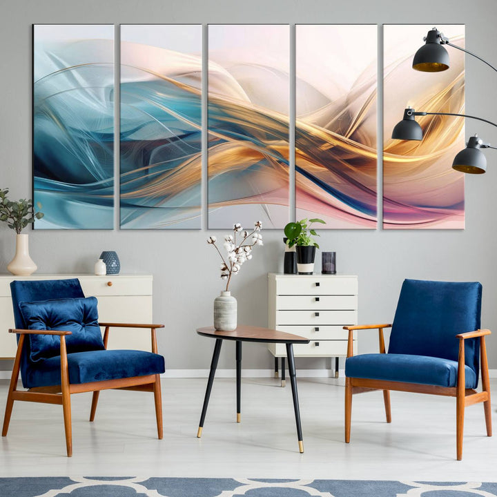 Abstract Flowing Colors Wall Art featuring blue, gold, and pink adds modern elegance to the space.