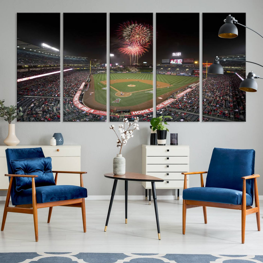 Fireworks at Angel Stadium – LA Angels Night Game Canvas Print, framed and ready to hang.