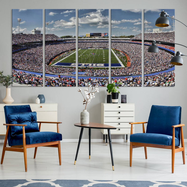 Our Buffalo Bills Game Day Canvas captures a vibrant scene at Highmark Stadium, with a lively crowd under a partly cloudy sky.