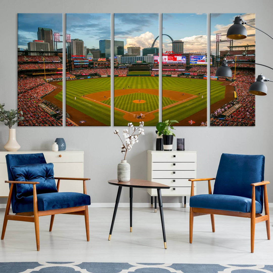 A Busch Stadium canvas print featuring a cityscape, ideal for enhancing living room or man cave sports decor.