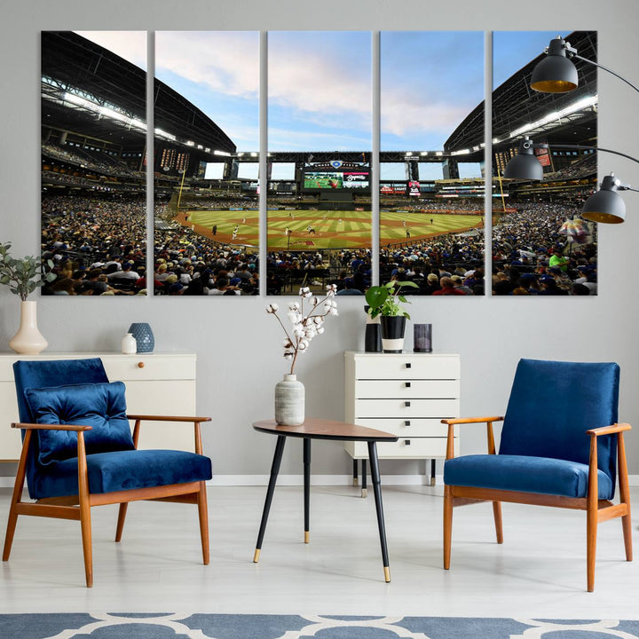 The wall art is an Arizona Diamondbacks Baseball Print depicting a packed Chase Field Stadium under a clear blue sky.