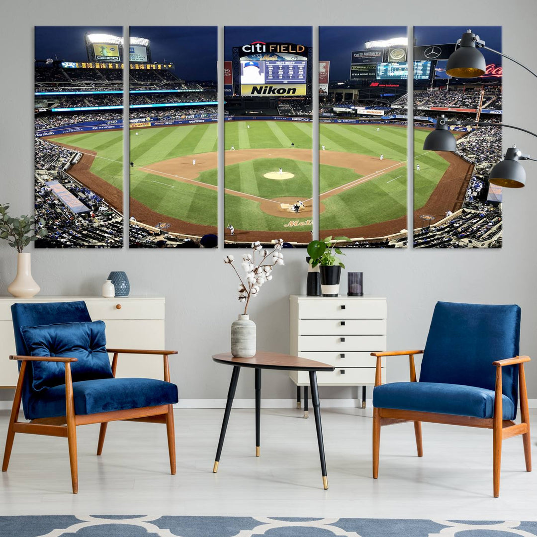 The wall is adorned with a 3-panel Citi Field Wall Art Print, framed for sports-themed decor.