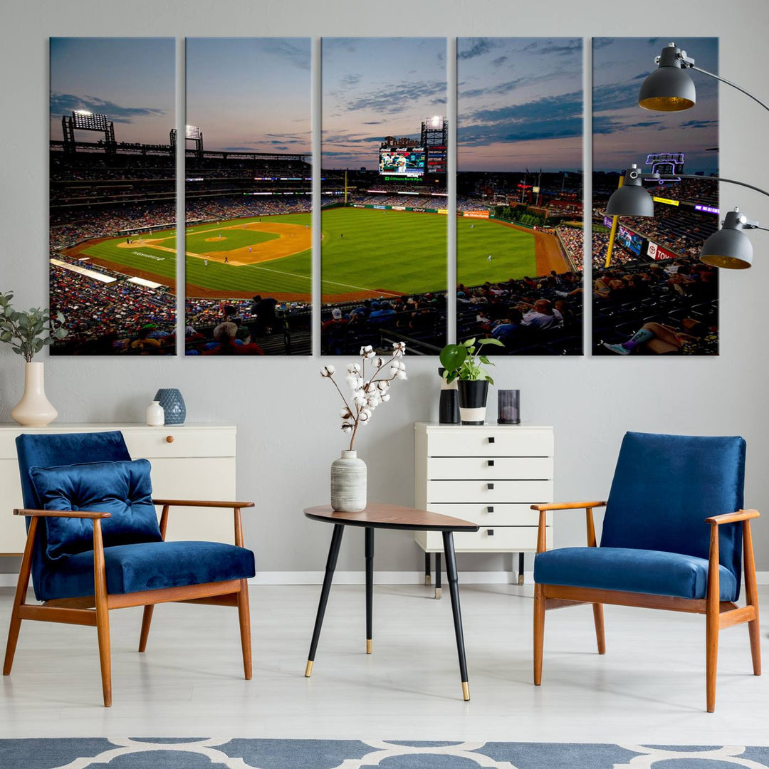 A wall art piece depicting the Philadelphia Phillies Citizens Bank Park Stadium at dusk.