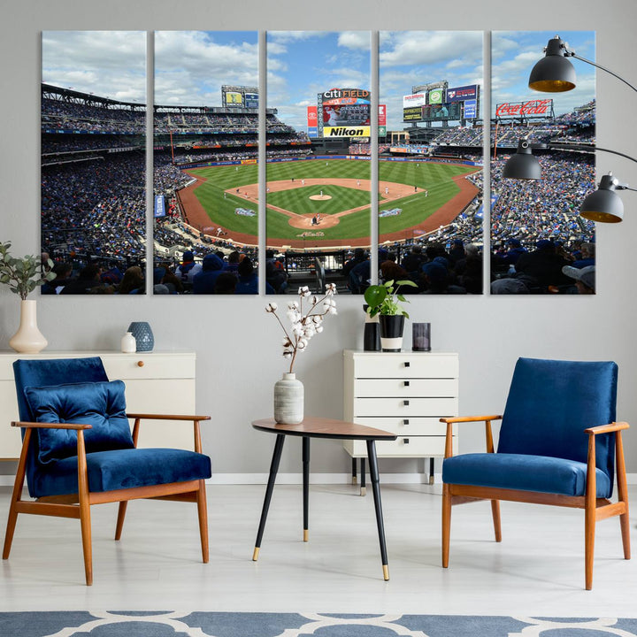 A wall art piece featuring a New York Mets Baseball Team print of Citi Field during a thrilling game under a blue sky.