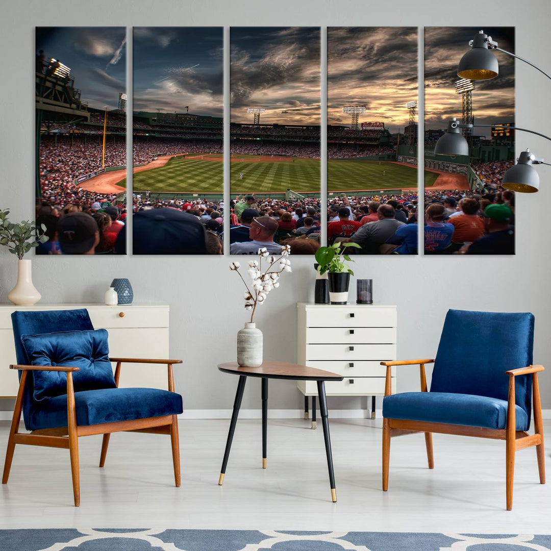 Boston Red Sox canvas print of Fenway Park at sunset, ideal for sports fans.