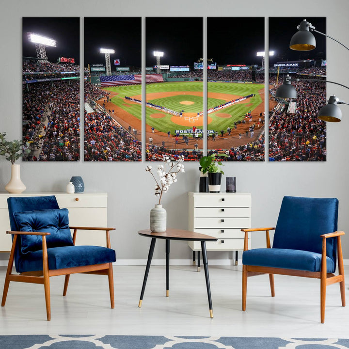 The Fenway Park Wall Art Canvas Print showcases a stunning aerial view of Bostons iconic ballpark at night, making it an ideal piece for any Red Sox enthusiast.