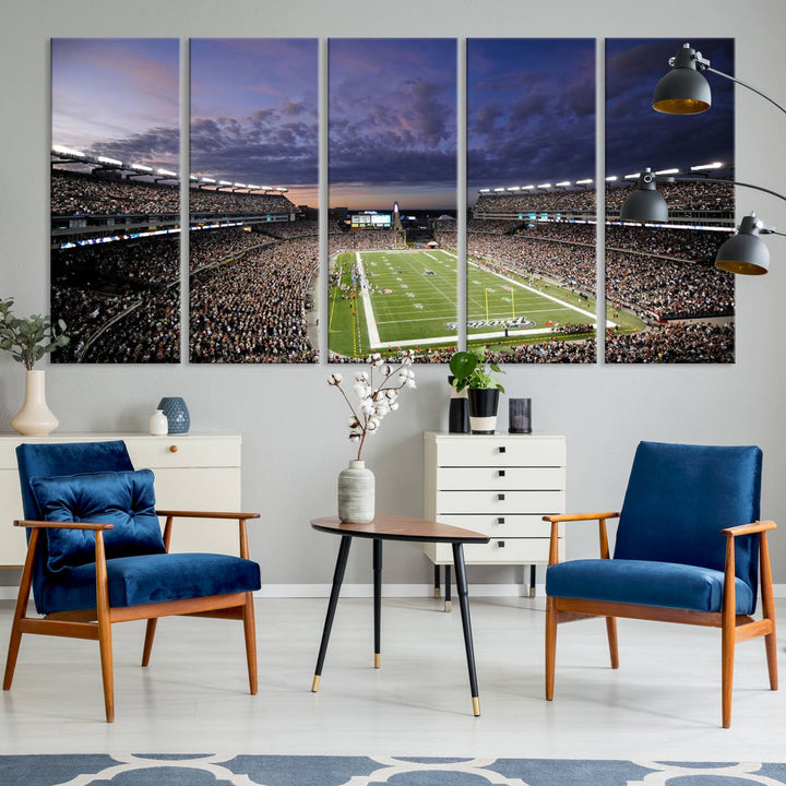 A large New England Patriots Foxborough Gillette Stadium wall art canvas print at sunset.