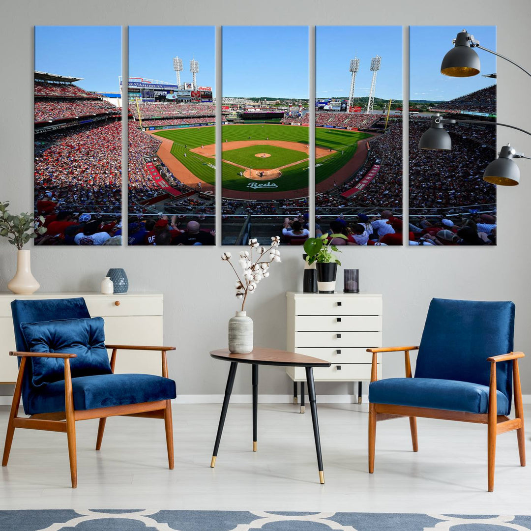 The Cincinnati Reds Baseball Team print of Great American Ball Park Stadium adorns the wall.