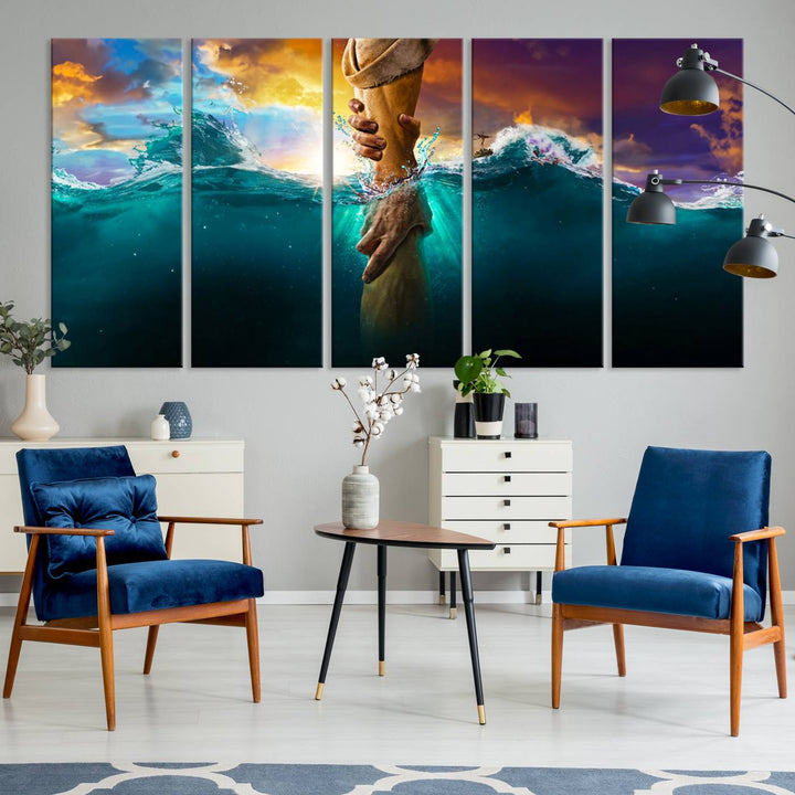 The God Hand Wall Art Canvas Print depicts hands reaching through water against a vibrant sky.