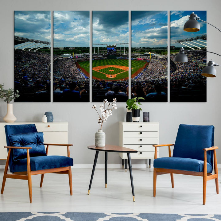 A 3-panel print of Kauffman Stadium, showcasing a crowded baseball field under cloudy skies.