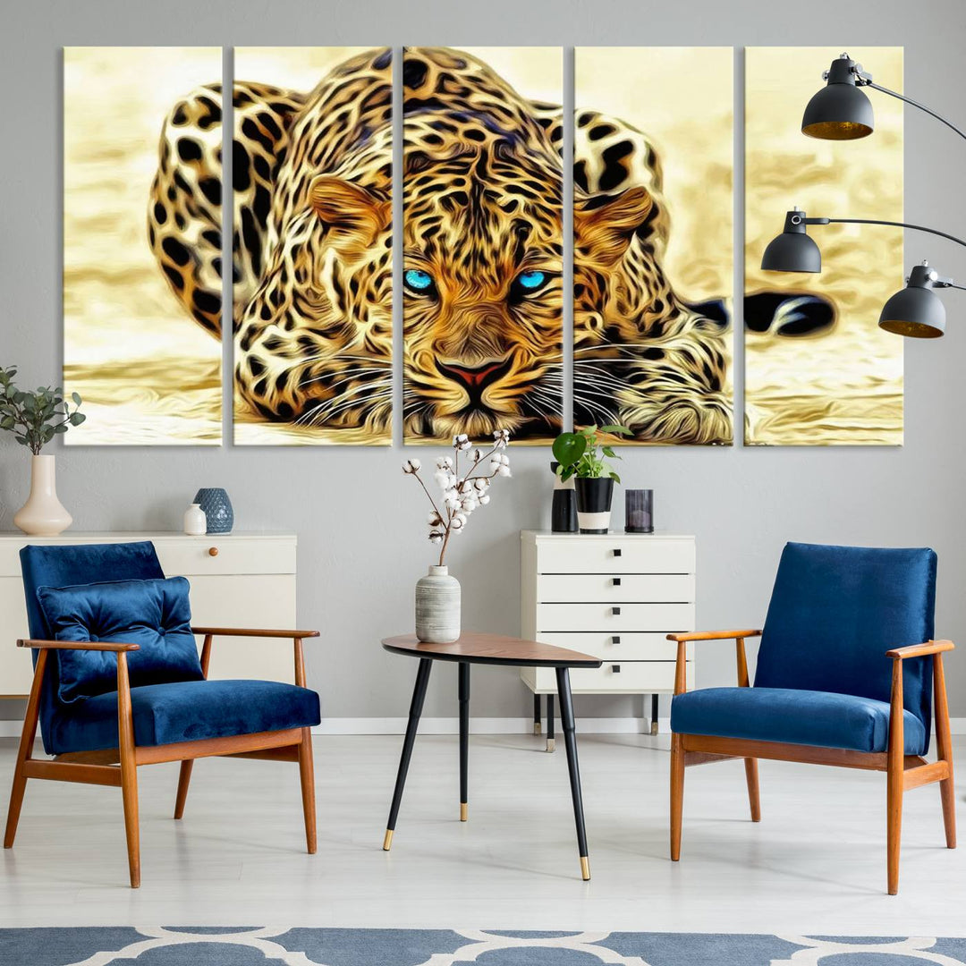 The Blue-Eyed Leopard Canvas Wall Art features a fierce and captivating design, perfect for wildlife enthusiasts. Its bold imagery makes it a striking decor piece, ready to hang.