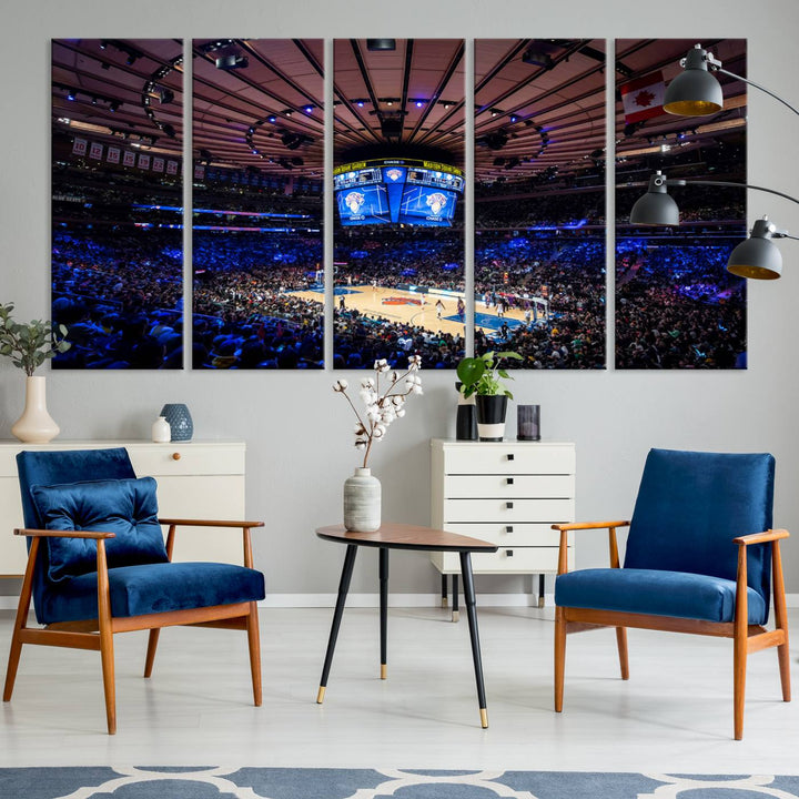 A print depicting an NBA game at Madison Square Garden, highlighting the scoreboard.