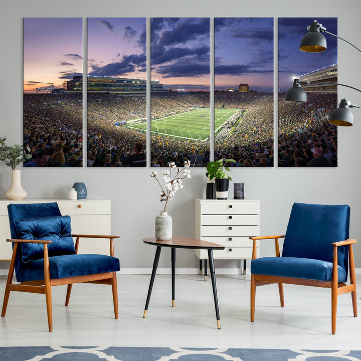 As the sun sets, a stunning backdrop highlights the Notre Dame Fighting Irish Football Team Print.