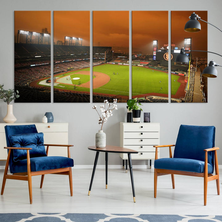 A canvas depicting an Oracle Park game with an orange sky, from SF Giants Stadium Wall Art.