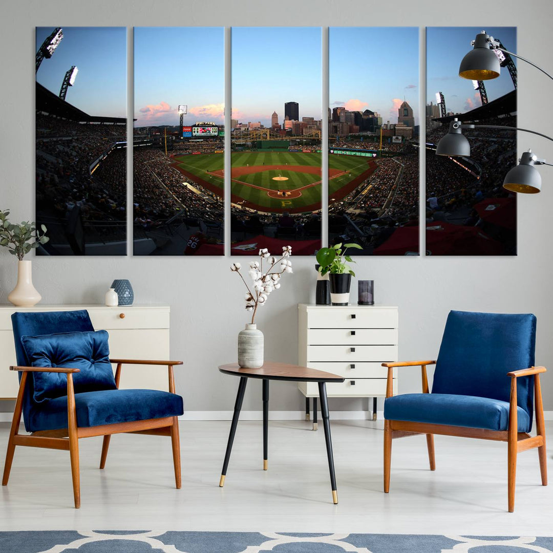 The PNC Park Evening Game Canvas, featuring a skyline backdrop, is displayed on the wall.