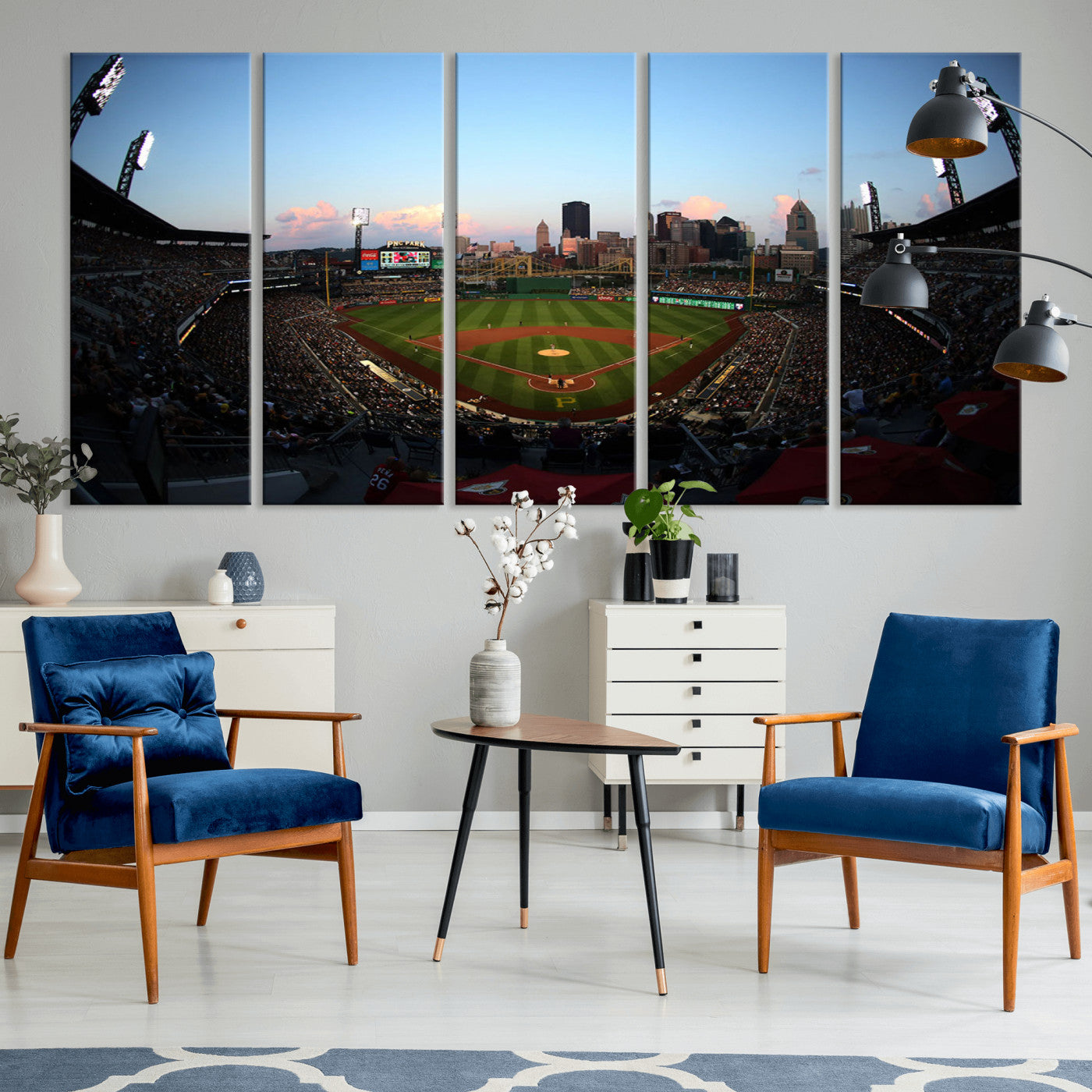 MGV-CV-60X31-5P - PNC Park Evening Game Triple Canvas Wall Art - Pittsburgh Pirates MLB Match - PNC Park Stadium Wall Art Canvas Print