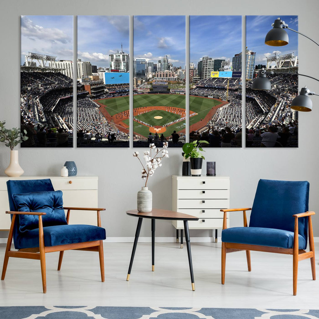 The San Diego Padres Baseball Canvas Print of Petco Park enhances the modern kitchen-dining area.