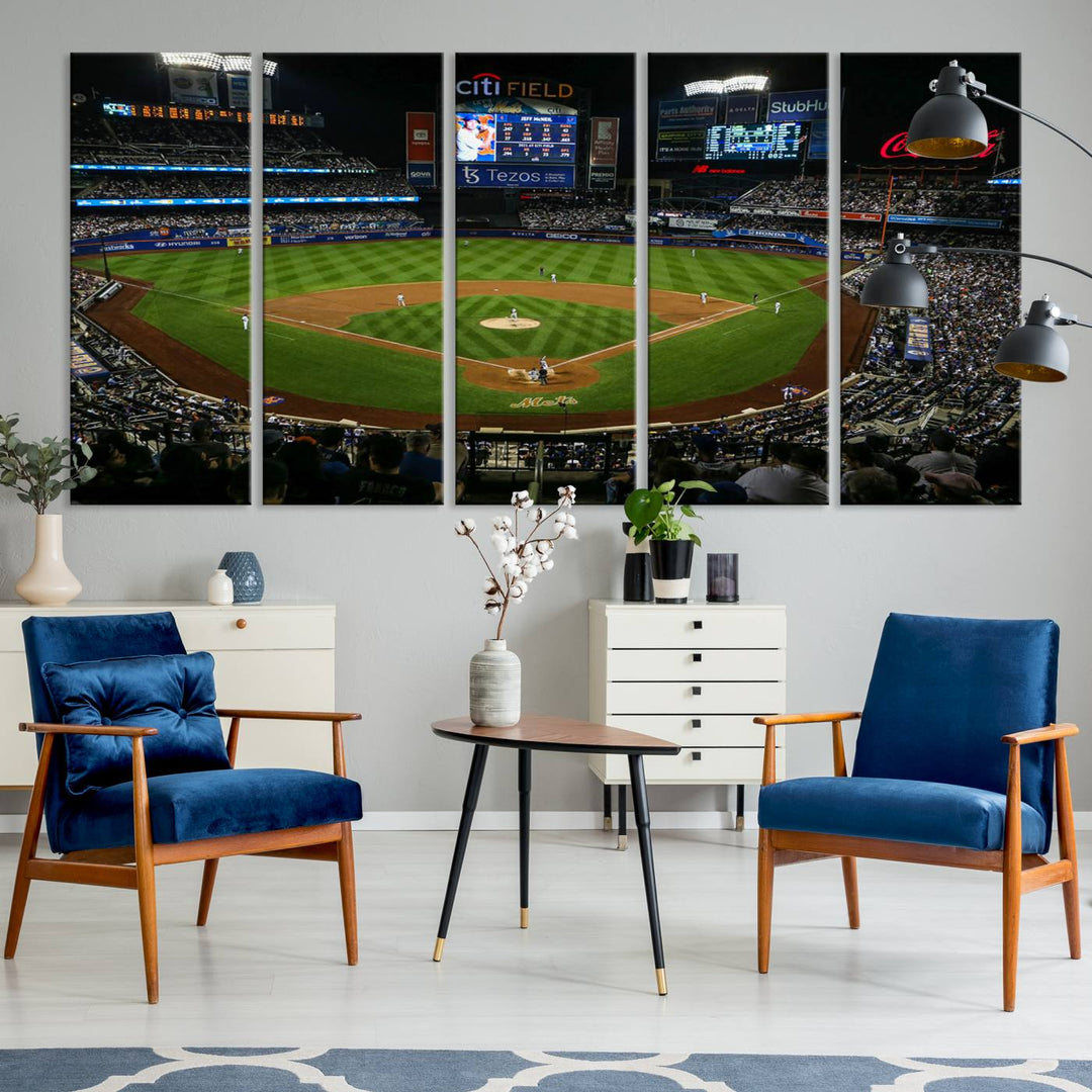 A print of the Oakland Athletics game at RingCentral Coliseum hangs on the wall.