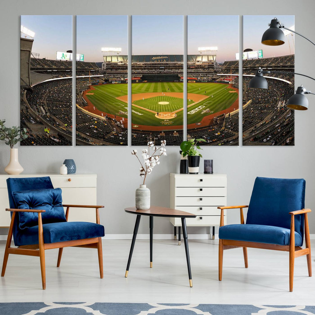 Oakland Athletics wall art canvas featuring the interior of RingCentral Coliseum Stadium.