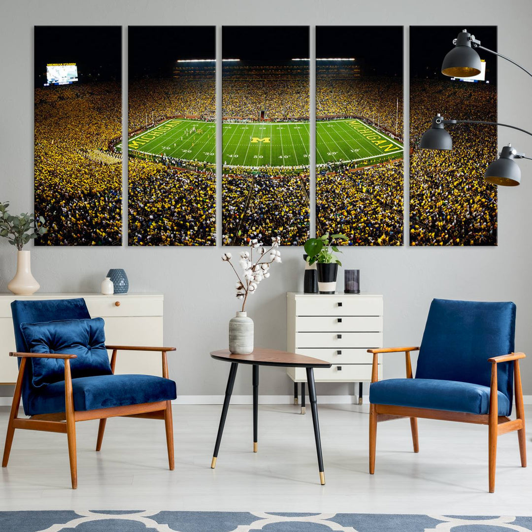 Aerial view of Michigan Stadium night game, ideal for Michigan Wolverines Football Team displayed on a triple canvas wall art.