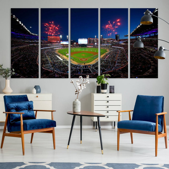 Truist Park wall art: fireworks over a Braves crowd, a large 3-panel canvas, framed and ready-to-hang.