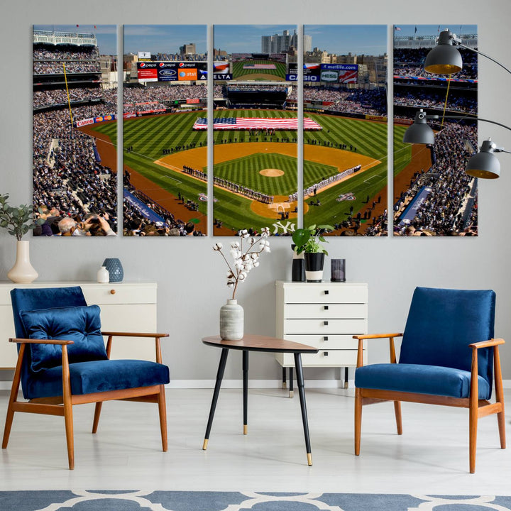 The Yankee Stadium New York wall art print features a vibrant scene of baseball fans with a large flag and players, expertly capturing the spirit of the game. This ready-to-hang décor is perfect for adding a dynamic touch to any space.