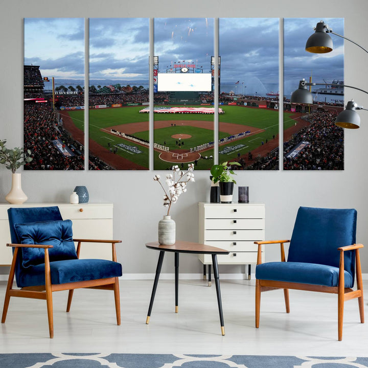 This framed 3-panel canvas MLB wall art features a giant flag and fans under a cloudy sky at Oracle Park.