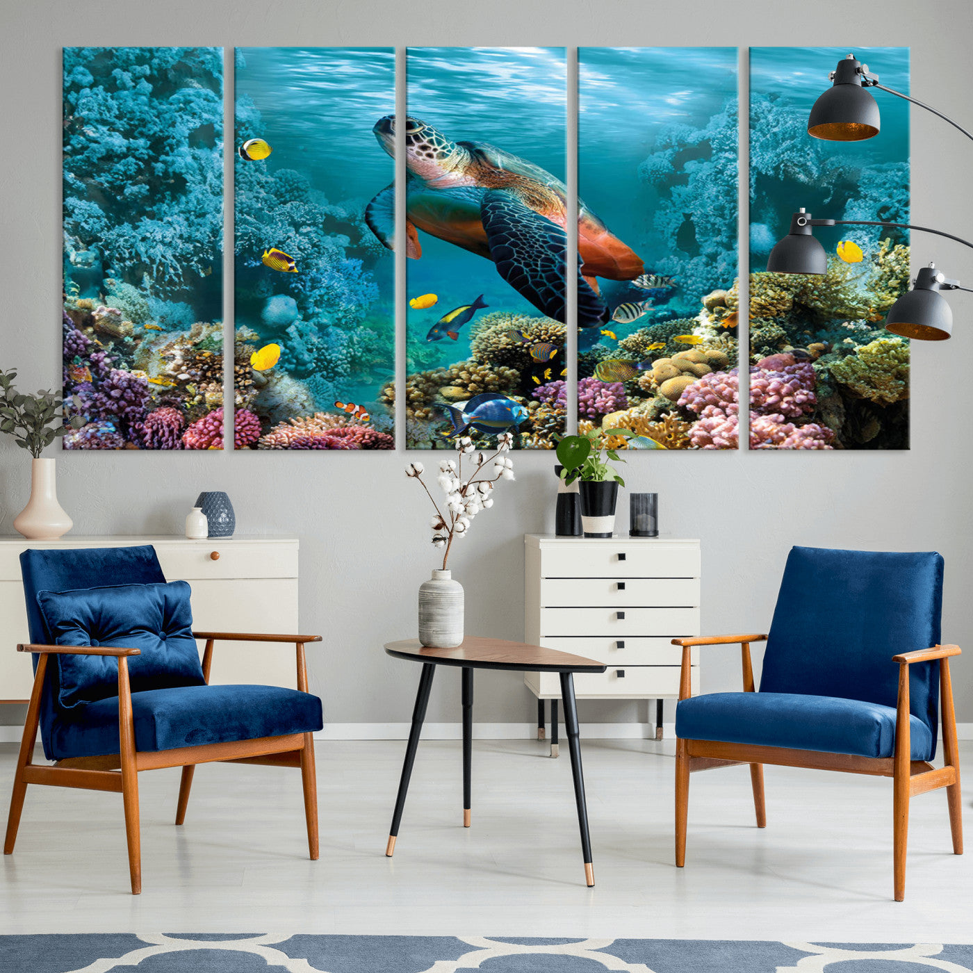 MGV-CV-60X31-5P - Sea Turtle and Coral Reef Triptych Wall Art – Vibrant Underwater Scene Canvas Set for Ocean Lovers and Coastal Decor – Ready to Hang 3-Panel Artwork