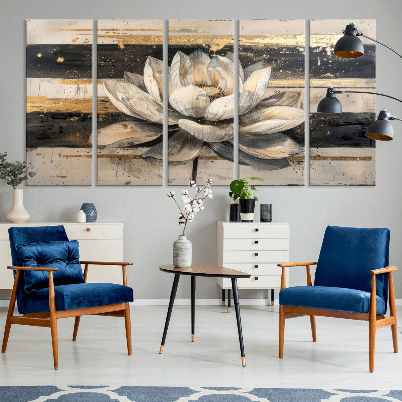 MGV-CV-60X31-5P - Abstract Lotus Flower Wall Art Canvas Print, Meditation Yoga Room Wall Art
