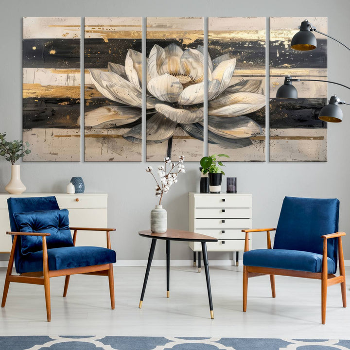 The wall is adorned with an Abstract Lotus Flower Wall Art Canvas Print.