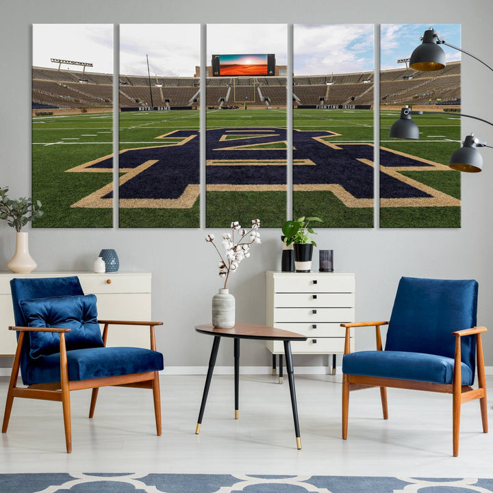 Notre Dame Stadium Triptych: This ready-to-hang giclee canvas print features a vibrant depiction of the football field adorned with an A logo and a stunning sunset.