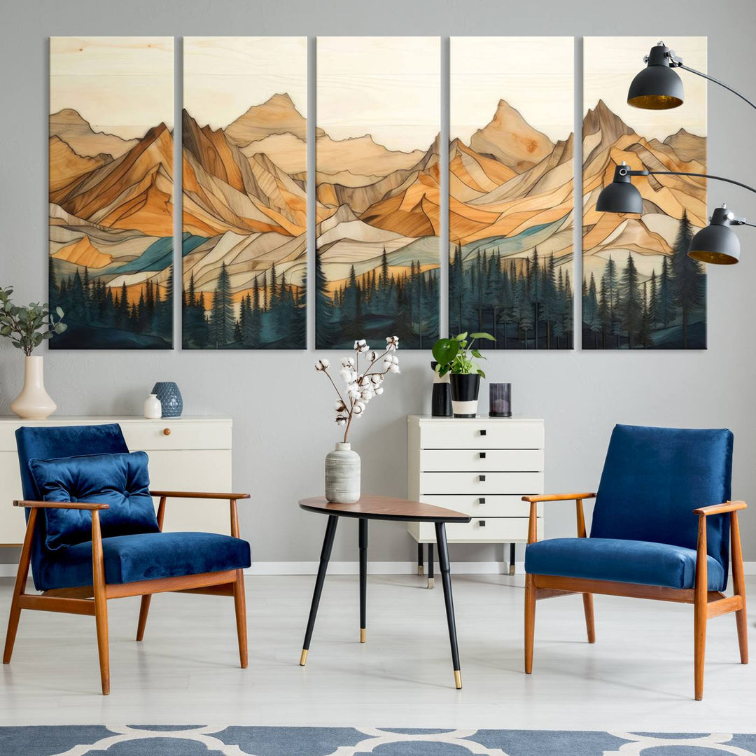 A triptych giclee print of mountains decorates the wall above the counter.