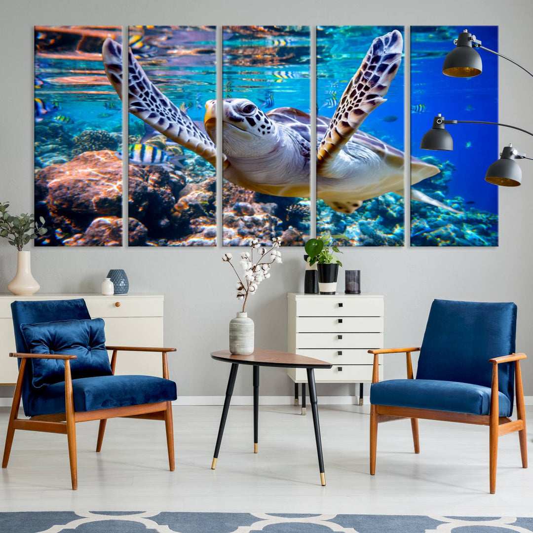 The Underwater Sea Turtle Wall Art Canvas Print serves as vibrant ocean décor, enhancing the kitchen with its stunning depiction.