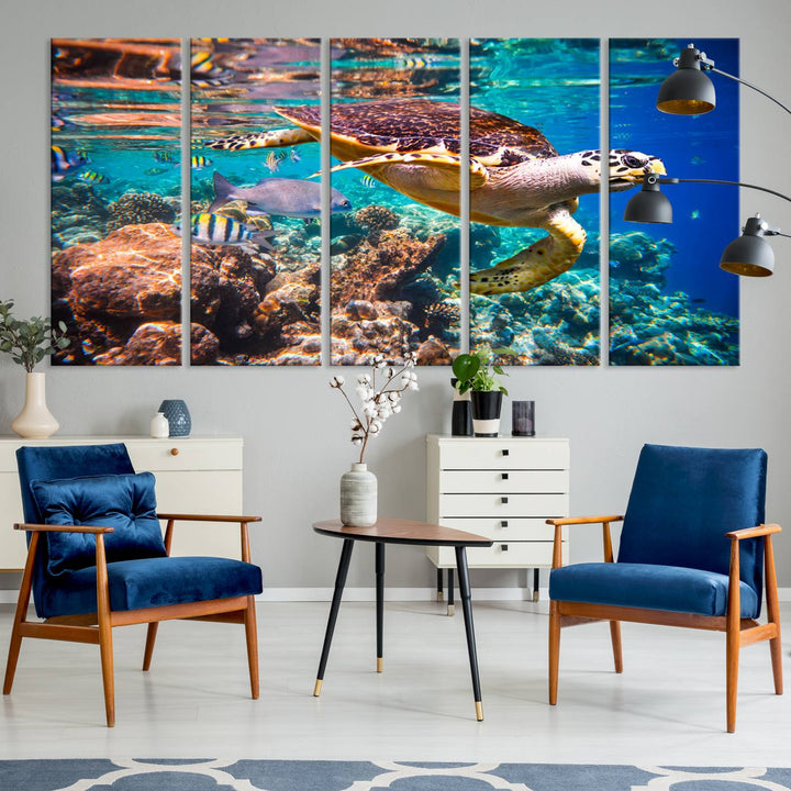 A Sea Turtle Wall Art Canvas Print features a colorful turtle swimming among coral. This artwork is ready to hang.