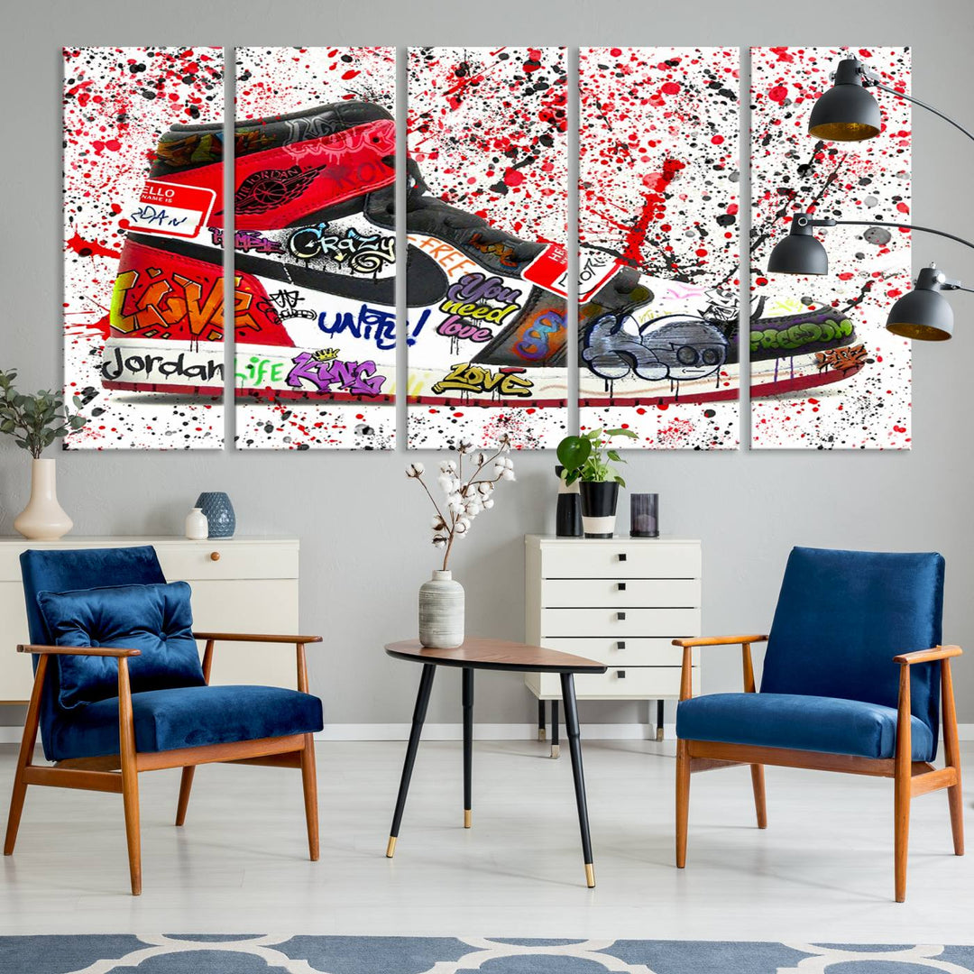 A Jordan Shoes Graffiti Canvas Print hangs prominently, perfect for sneakerheads and urban art lovers.