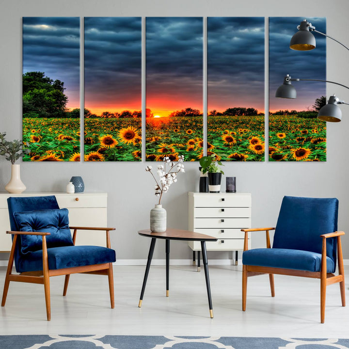 A Golden Sunflower Field at Sunset ready-to-hang wall art canvas print.