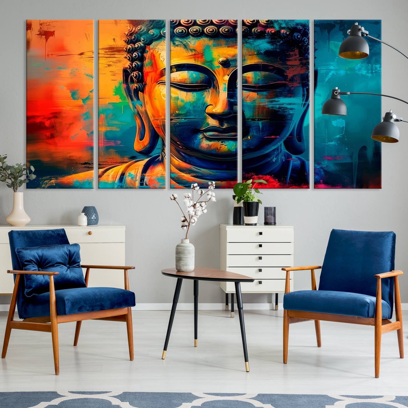 A vibrant, abstract artistic rendition of a Buddha statue face, blending bold and contrasting colors to evoke a sense of peace, spirituality, and enlightenment.
